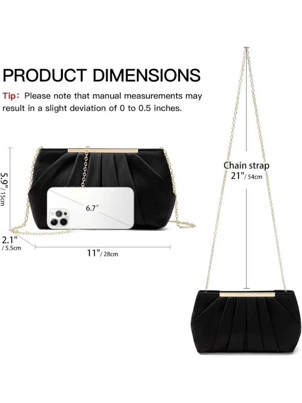 👜 Women's Black Satin Evening Bag Elegant Pleated Formal Clutch With Chain